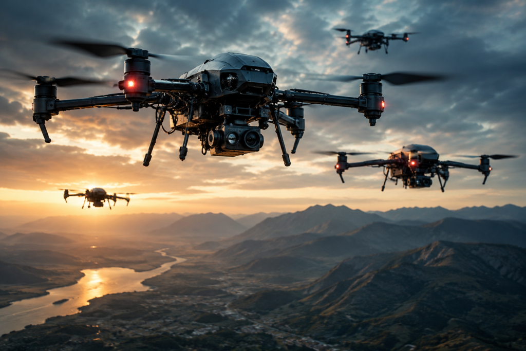 military drones in the sunset